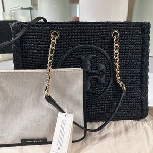 NWT $598 Tory Burch Small Ella Raffia Mélange Chain Tote
